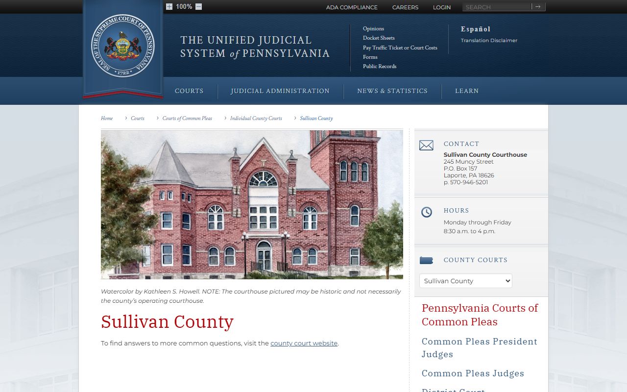 PA Courts Sullivan County page for Sullivan County felony records