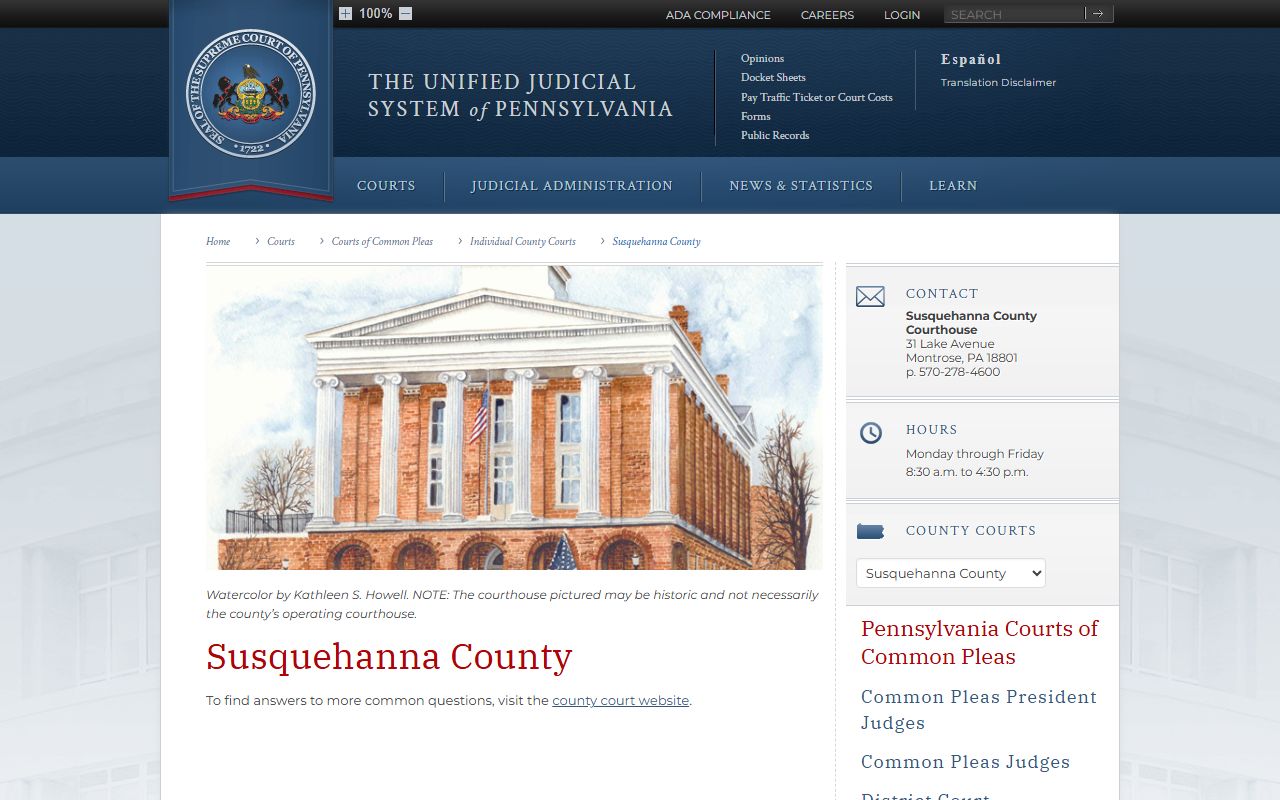 PA Courts Susquehanna County page for Susquehanna County felony records