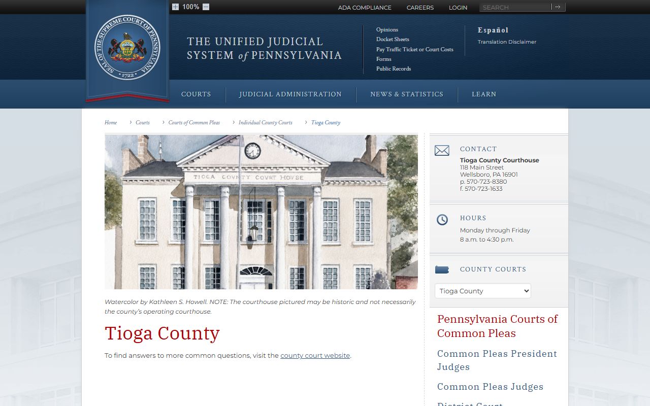 PA Courts Tioga County page for felony records