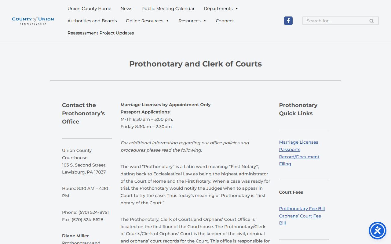 Union County Prothonotary and Clerk of Courts for Union County felony records