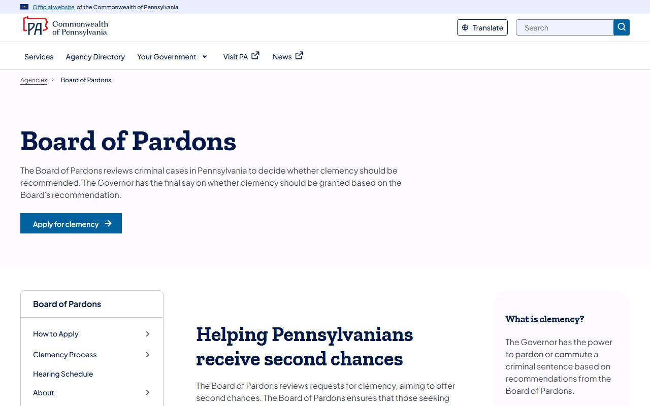 Pennsylvania Board of Pardons page for felony record pardons and expungement