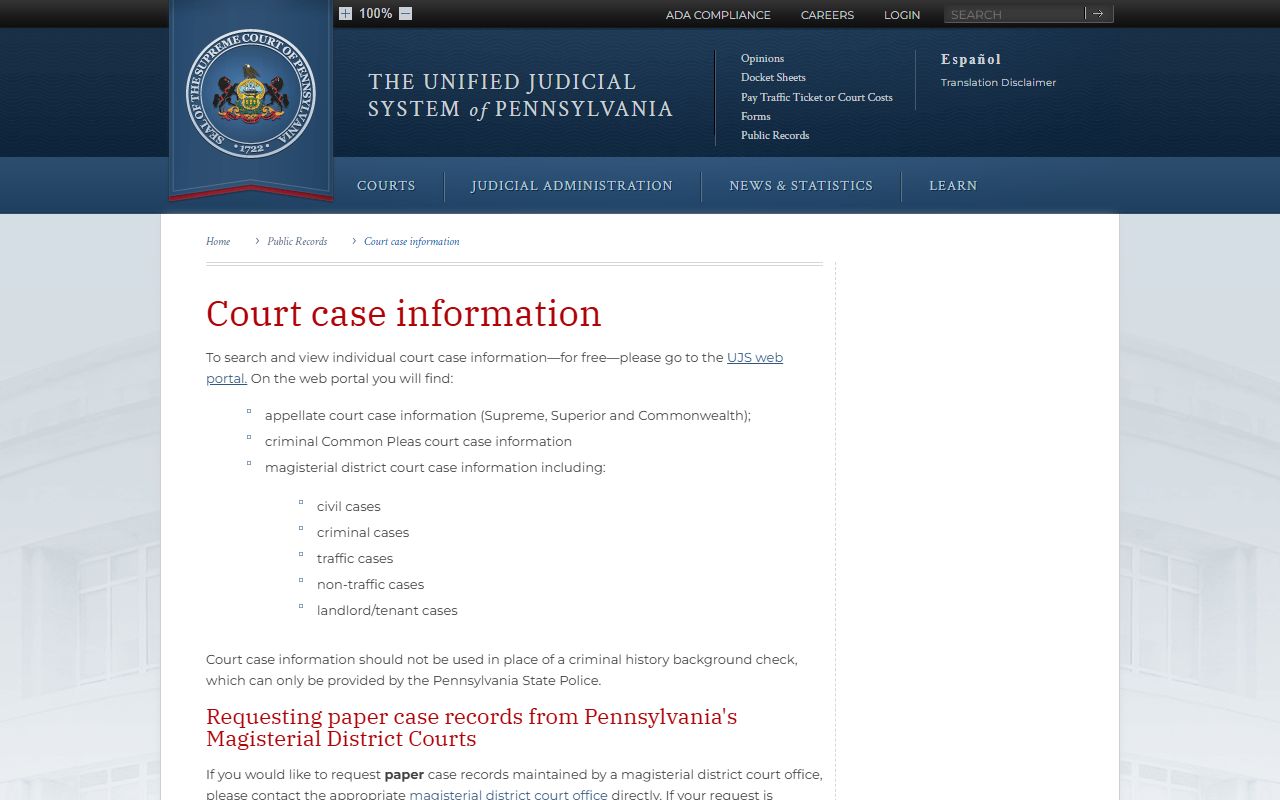 Pennsylvania court case information public access page for felony records