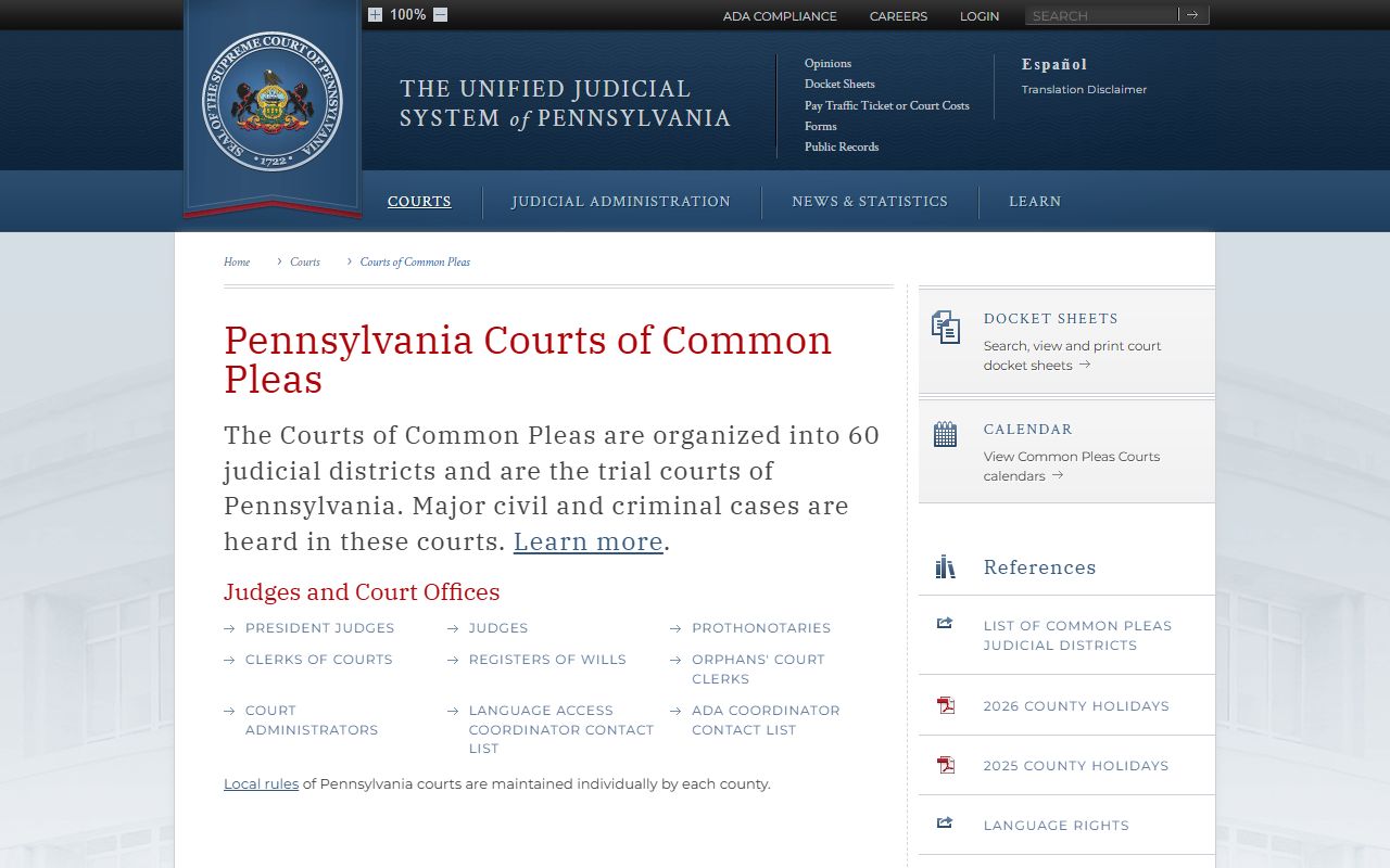 Pennsylvania Courts of Common Pleas for felony records and criminal cases