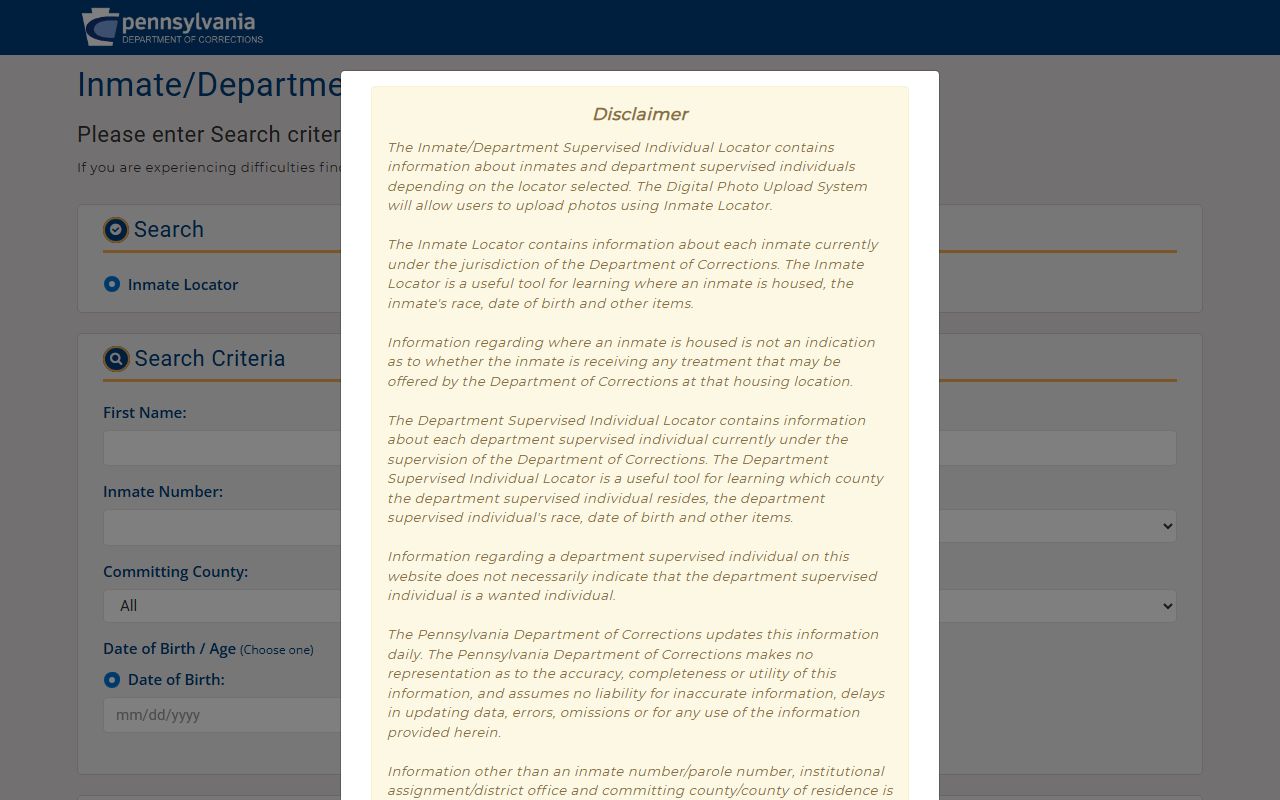 Direct inmate locator search for Pennsylvania felony records