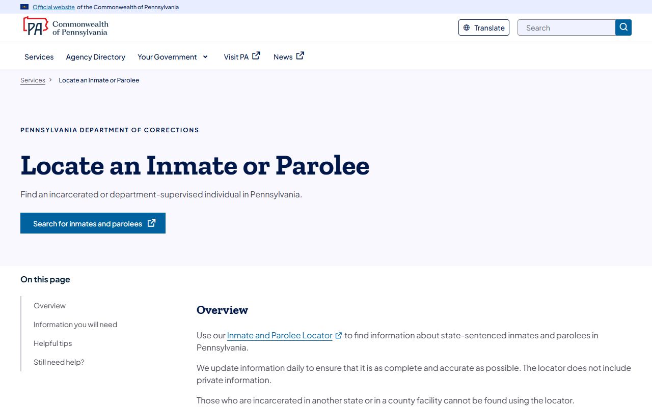 Pennsylvania DOC inmate locator for felony records and incarceration searches