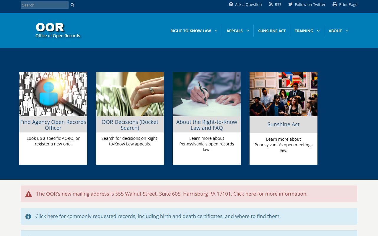 Pennsylvania Office of Open Records homepage for felony records access