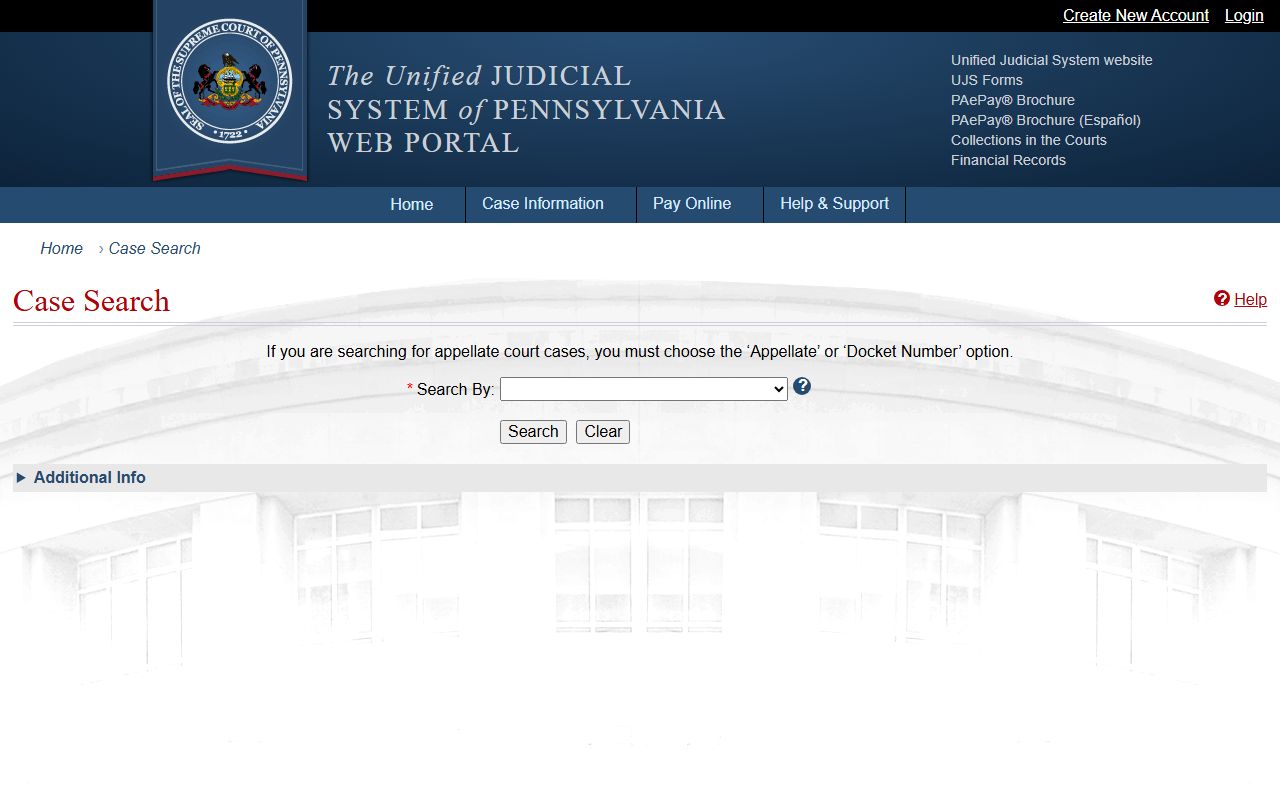 UJS Case Search interface for Pennsylvania felony records