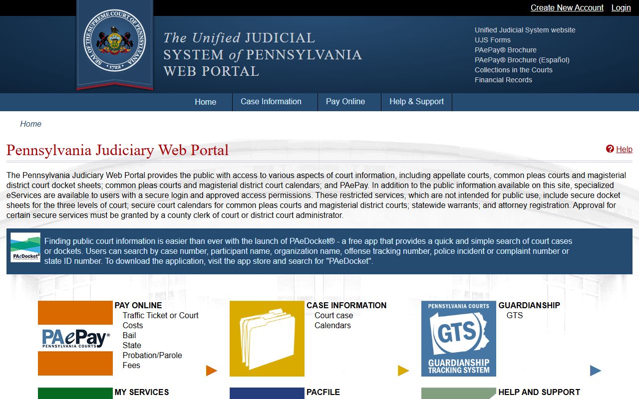 UJS Portal main page for searching Pennsylvania felony records